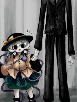 Rule 34 | 1boy, 1girl, black boots, black eyes, black hat, black jacket, black pants, blush, boots, bow, buttons, creepypasta, crossover, diamond button, empty eyes, eyeball, floral print, frilled shirt collar, frilled sleeves, frills, green hair, green skirt, hat, hat bow, height difference, heripantomorrow, holding hands, jacket, komeiji koishi, long sleeves, open mouth, pants, print skirt, rose print, shirt, skirt, slender man, smile, third eye, touhou, wide sleeves, yellow bow, yellow shirt