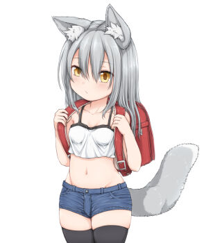 1girl animal_ears backpack bag black_camisole black_thighhighs blue_shorts blush breasts camisole closed_mouth collarbone cowboy_shot cropped_shirt denim denim_shorts dot_nose expressionless female_focus grey_hair haty loli long_hair looking_at_viewer midriff navel original randoseru red_bag shorts simple_background small_breasts solo standing tail thighhighs two-tone_camisole white_background white_camisole wolf_ears wolf_girl wolf_tail yellow_eyes