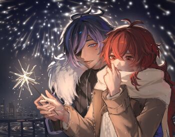 2boys alternate_costume blue_eyes commentary_request diluc_(genshin_impact) eyepatch fireworks genshin_impact hair_between_eyes highres jewelry kaeya_(genshin_impact) long_hair lower_teeth_only male_focus multiple_boys necklace open_mouth red_eyes red_hair teeth upper_body zehuij