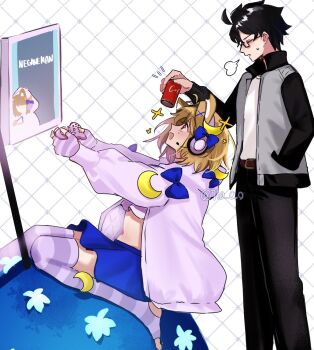 1boy 1girl 710_ao animal_ears arcueid_brunestud belt black_hair black_pants blue_bow blue_skirt bow can cat_ears cat_girl controller crescent crescent_hair_ornament crescent_moon fate/grand_order fate_(series) fingerless_gloves game_controller glasses gloves hair_ornament hand_in_pocket headphones highres holding holding_can holding_controller holding_game_controller hood hoodie jacket midriff moon open_clothes open_hoodie open_jacket pants phantas-moon phantas-moon_(second_ascension) pink_hoodie pink_thighhighs playing_games shirt short_hair skirt smile thighhighs tohno_shiki tsukihime tsukihime_(remake) white_shirt