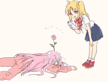 2girls :d ahoge blonde_hair blue_skirt bocchi_the_rock! bottle bow bowtie commentary_request cube_hair_ornament feet_out_of_frame flower flower_on_head full_body gotoh_hitori hair_ornament hair_spread_out highres holding holding_bottle ijichi_nijika jacket kuroi_mimei leaning_forward long_hair looking_at_another lying multiple_girls notice_lines on_stomach open_mouth pants pink_flower pink_hair pink_jacket pleated_skirt red_bow red_bowtie red_eyes school_uniform shimokitazawa_high_school_uniform shirt side_ponytail sidelocks simple_background skirt smile standing track_jacket track_pants very_long_hair water_bottle wet wet_hair white_background white_shirt