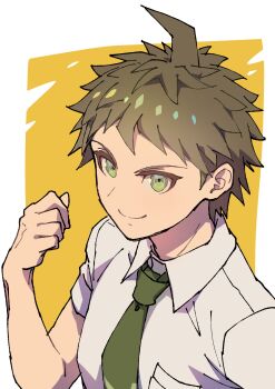 Rule 34 | 1boy, absurdres, ahoge, brown eyes, brown hair, collared shirt, danganronpa (series), danganronpa 2: goodbye despair, green necktie, hand up, highres, hinata hajime, necktie, orange background, shirt, short hair, smile, solo, white background, white shirt, youko-shima