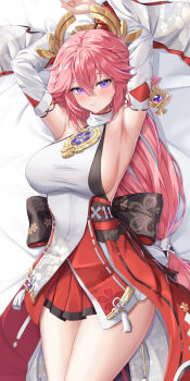 1girl absurdres animal_ears armpits arms_up bed bed_sheet blush breasts commentary_request dakimakura_(medium) detached_sleeves dokimaru floating_headgear floppy_ears fox_ears from_above genshin_impact hair_between_eyes headgear highres japanese_clothes large_breasts long_hair looking_at_viewer low-tied_long_hair lying nontraditional_miko on_back on_bed parted_lips pink_hair presenting_armpit purple_eyes sideboob smile solo thighs very_long_hair vision_(genshin_impact) wide_sleeves yae_miko