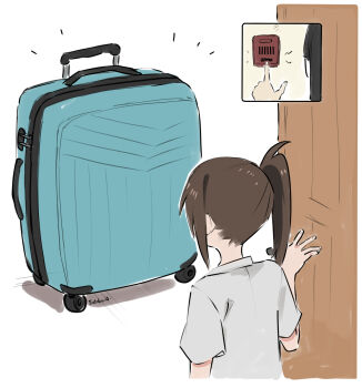 2girls briefcase brown_hair door eudetenis highres multiple_girls ponytail reika_(pretzelfan) sayuri_(pretzelfan) second-party_source short_sleeves suitcase white_background