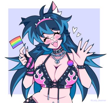 Rule 34 | 1girl, animal ears, belly, bikini, bikini top only, black collar, blue hair, blush, breasts, choker, cleavage, closed eyes, collar, commentary, dog ears, dog girl, dog tail, fang, fangs, fingerless gloves, fingernails, flag, gloves, hairband, head tilt, heart, holding, holding flag, indie virtual youtuber, jewelry, lady beemer, lady beemer (vtuber), large breasts, lgbt pride, long hair, mini flag, navel piercing, open mouth, piercing, pink hairband, rainbow flag, ring, sharp fingernails, single fingerless glove, smile, solo, spiked hairband, spikes, swimsuit, tail, twitter username, waving