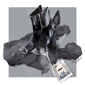 1girl artist_name bar_censor black_footwear boots border censored censored_identity cum cum_on_clothes grey_background hat high_heel_boots high_heels highres id_card photo_(object) simple_background smell solo uniform unworn_boots white_border xnnagu