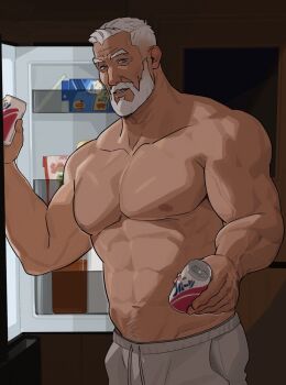 1boy abs bara beard can drink_can facial_hair full_beard grey_eyes grey_pants highres holding holding_can incoming_food indoors looking_at_viewer male_focus mature_male muscular muscular_male night old old_man original pants refrigerator sa1k0p short_hair soda_can solo topless_male white_hair window
