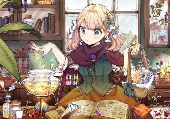 Rule 34 | 1girl, blonde hair, blush, book, brown scarf, commentary request, green eyes, green shirt, indoors, long sleeves, medium hair, notamaru 2, open book, orange skirt, original, outline, parted lips, petals, scarf, shirt, skirt, solo, test tube, twintails, twitter username, upper body, white outline, window