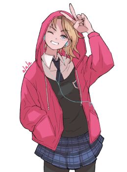 1girl arm_up black_nails black_pantyhose black_vest blonde_hair blue_eyes blue_necktie blue_skirt collared_shirt commentary_request cowboy_shot drawstring earbuds earphones eyebrow_piercing eyelashes face_piercing fingernails freckles gwen_stacy hand_in_pocket highres hood hood_up hooded_jacket jacket long_sleeves marvel medium_hair nail_polish necktie one_eye_closed open_clothes open_jacket pantyhose piercing pink_jacket shirt signature simple_background skirt smile solo spider-man:_into_the_spider-verse spider-man_(series) spider-verse sushi_pizza_rrr teeth v vest white_background white_shirt