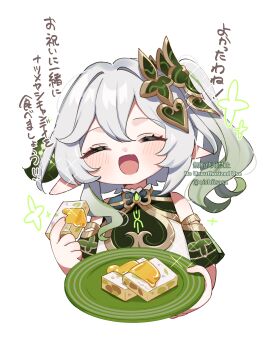 1girl absurdres bare_shoulders bloomers blush candied_ajilenakh_nut_(genshin_impact) closed_eyes commentary_request detached_sleeves food genshin_impact gold_trim gradient_hair green_hair green_sleeves hair_between_eyes hair_ornament hands_up highres holding holding_food holding_plate leaf_hair_ornament multicolored_hair nahida_(genshin_impact) oishii_sasa open_mouth plate pointy_ears side_ponytail simple_background sleeveless solo translation_request underwear white_background white_bloomers white_hair
