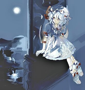 1990s_(style) 1girl 6osquet bat_wings blue_hair bow brooch hair_between_eyes hat hat_ribbon jewelry mob_cap night pointy_ears puffy_short_sleeves puffy_sleeves red_bow red_eyes red_ribbon remilia_scarlet retro_artstyle ribbon short_hair short_sleeves sitting solo touhou wings