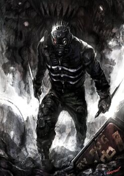 absurdres arms_at_sides artist_name aura baggy_pants black_jacket black_pants caiman_(dorohedoro) cross_tattoo dagger dark_aura dorohedoro dual_wielding eye_tattoo full_body gas_mask hashtag-only_commentary highres holding holding_dagger holding_knife holding_weapon jacket knife lizardman mask menacing naratani outdoors pants reptile_boy rubble smoke spikes tattoo twitter_username walking_towards_viewer weapon