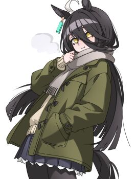 1girl absurdres ahoge animal_ears black_hair black_pantyhose black_skirt blush breath closed_mouth coat commentary ear_tag earrings english_commentary ghuler green_coat grey_scarf hair_between_eyes hand_in_pocket highres horse_ears horse_girl horse_tail jewelry long_bangs long_hair long_hair_between_eyes long_sleeves looking_at_viewer manhattan_cafe_(umamusume) multicolored_hair pantyhose scarf single_earring skirt solo sweater tail umamusume very_long_hair white_hair yellow_eyes