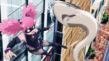 1girl 1other anime_screenshot black_gloves black_leotard black_skirt boku_no_hero_academia breasts city clothing_cutout day demon_wings disgust earrings eye_mask fake_wings fingerless_gloves flying gloves grey_pantyhose haneyama_kazuho heart_cutout highleg highleg_leotard highres jewelry leotard looking_at_another mask miniskirt open_mouth outstretched_arm pantyhose pink_eyes pink_hair ryona shiny_skin skirt third-party_edit twintails vigilante_-boku_no_hero_academia:_illegals- wavy_mouth wings