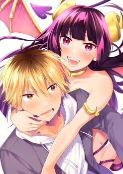 1boy 1girl armlet blonde_hair brown_hair commentary_request curled_horns demon_girl demon_horns demon_tail demon_wings grey_jacket highres hood hoodie horns jacket jacket_over_hoodie jewelry multicolored_hair neck_ring official_art okaeri_kudasai_succubus-chan open_mouth orange_eyes pink_eyes purple_eyes purple_hair purple_nails roots_(hair) sweatdrop tail tohyama_shage two-tone_hair white_hoodie wings