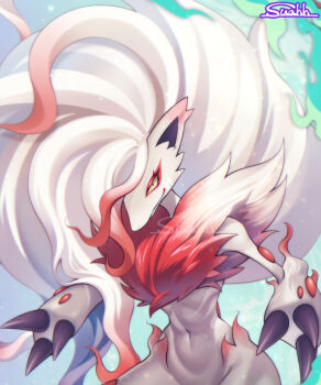 artist_name claws grey_fur hisuian_zoroark looking_at_viewer nintendo pokemon pokemon_(creature) red_fur signature solo suahh two-tone_fur upper_body
