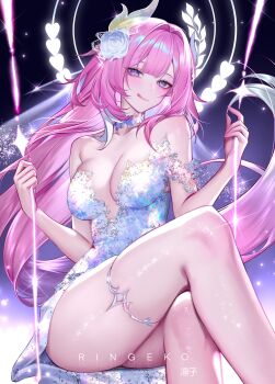 1girl :q absurdres alternate_costume artist_name bare_shoulders blue_eyes blue_flower blue_rose blush breasts cleavage closed_mouth collarbone commentary cyrene_(honkai:_star_rail) cyrene_(ripples_of_past_reverie)_(honkai:_star_rail) dress feet_out_of_frame flower gradient_background hair_flower hair_intakes hair_ornament halo highres honkai:_star_rail honkai_(series) jewelry large_breasts long_hair looking_at_viewer medium_breasts on_swing pink_hair pink_pupils pointy_ears purple_background ringeko-chan rose sidelocks skindentation smile solo strapless strapless_dress swing thighlet thighs tongue tongue_out very_long_hair white_dress