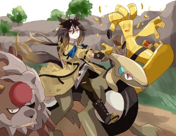 1girl alternate_color animal_ears bloodmoon_ursaluna boots brown_hair commentary cyclizar full_body gholdengo gloves grass highres horse_ears horse_girl horse_tail jacket long_hair mokuroo nintendo open_clothes open_jacket outdoors pokemon pokemon_(creature) red_eyes riding riding_pokemon shiny_pokemon stay_gold_(umamusume) tail torn_clothes torn_jacket tree umamusume ursaluna