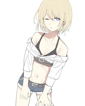 1boy armpit_crease bare_shoulders belt black_bra blonde-haired_boy_(sunaba_(nczd5875)) blonde_hair blue_shorts bra clothes_pull collarbone commentary_request contrapposto cowboy_shot crossdressing crossdressing_(mtf) denim denim_shorts grey_belt highres long_sleeves looking_at_viewer male_focus medium_hair midriff navel no_pupils one_eye_closed original parted_lips partial_commentary pectoral_cleavage pectorals shirt shirt_pull short_shorts shorts simple_background solo sunaba_(nczd5875) thighs trap underwear white_background white_shirt
