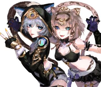 2girls absurdres animal_ear_fluff animal_ears animal_hood bikini bikini_top_only black_bikini black_gloves black_leotard black_shorts blue_eyes breasts brown_hair cat_ears cat_girl cat_hood cat_tail cipher_(honkai:_star_rail) commentary company_connection english_commentary fingerless_gloves gloves green_eyes grey_hair hetero highres honkai:_star_rail honkai_(series) honkai_impact_3rd hood leotard medium_breasts multiple_girls open_clothes pardofelis pardofelis_(reverist_calico) short_hair_with_long_locks shorts simple_background stomach swimsuit tail tongue tongue_out trait_connection v vodarii white_background