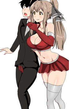 1boy 1girl amagi_brilliant_park assertive_female breasts cleavage crotch_grab elbow_gloves femdom formal_clothes gloves grey_necktie grey_thighhighs highres midriff necktie pakku_(artist) ponytail red_skirt sento_isuzu skirt squeezing_testicles suit testicles thighhighs