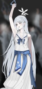 1girl absurdres arm_behind_back arm_up armpits averting_eyes bare_shoulders blue_archive blue_bow blue_bowtie blurry blurry_background bow bowtie clothes_around_waist commentary_request grey_eyes grey_hair halo hand_grip highres holding_hand_grip korean_commentary long_hair long_skirt mixed-language_commentary nagusa_(blue_archive) school_uniform serafuku shirt skirt sleeveless sleeveless_shirt solo sweat sweater sweater_around_waist toulalan train_interior turning_head very_long_hair white_hair white_serafuku white_shirt white_skirt
