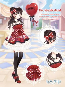 1girl ankle_bow ankle_ribbon artist_request balloon bare_arms bare_shoulders black_thighhighs blue_sky bow bracelet brown_eyes brown_hair bush candy candy_cane candy_print character_name close-up closed_mouth cloud copyright_logo day double_bun dress earrings english_text eyelashes food food_print frilled_dress frilled_skirt frills full_body hair_bow hair_bun happy heart heart_balloon heart_tattoo high_heels holding holding_balloon jewelry leg_tattoo light_blush logo lollipop long_hair mannequin miniskirt miracle_nikki necklace nikki_(series) official_art outdoors picture_frame polka_dot polka_dot_bow print_dress red_bow red_dress red_shoes ribbon shoes short_dress skirt skirt_under_dress sky smile solo sphere_earrings standing statue strapless strapless_dress tareme tattoo the_wonderland_(miracle_nikki) thighhighs third-party_source town_square tree waist_bow wavy_hair white_skirt zettai_ryouiki