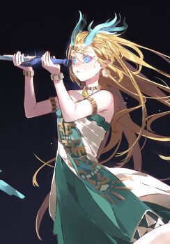 1girl bare_shoulders blonde_hair blue_eyes colored_sclera dragon_horns dress green_dress hands_up highres horns ierotak light_dragon_(zelda) long_hair multicolored_dress nintendo princess_zelda purple_sclera sleeveless sleeveless_dress solo spoilers sword tears the_legend_of_zelda the_legend_of_zelda:_tears_of_the_kingdom weapon white_dress