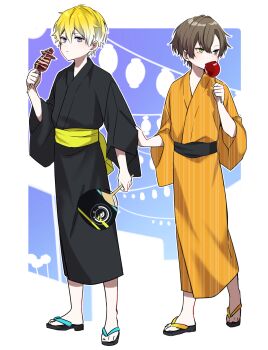 2boys aged_down alban_knox black_kimono blonde_hair blue_background blue_eyes border brown_hair candy_apple commentary_request embarrassed food full_body grabbing_another&#039;s_sleeve gradient_background green_eyes grey_eyes hand_fan heterochromia highres holding holding_fan holding_food japanese_clothes kimono lantern looking_to_the_side male_focus multiple_boys nana72710193 nijisanji nijisanji_en orange_kimono purple_background sandals short_hair sonny_brisko virtual_youtuber white_background yukata