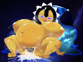 absurdres breasts colored_skin commentary cookie_run cum_inflation english_commentary floating_hair highres huge_breasts inflation moonlight_cookie nude opqhlak smile space