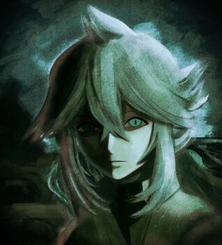 Rule 34 | 1boy, absurdres, ahoge, black shirt, border, brown cloak, brown tunic, cloak, close-up, commentary request, expressionless, eyes in shadow, face in shadow, green background, green hair, hair between eyes, highres, horror (theme), long sidelocks, looking ahead, low ponytail, male focus, muted color, n (pokemon), nintendo, ornate border, pokemon, pokemon bw, ponytail, shade, shirt, sidelocks, tunic, upper body, vignetting, zero (sleepy meltan)