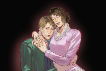 1boy 1girl amantes404 arms_around_neck arms_around_waist black_background blonde_hair blue_shirt breasts brown_hair closed_eyes closed_mouth collared_shirt commentary couple english_commentary green_jacket hair_bun hetero highres hug husband_and_wife jacket james_sunderland jewelry light_smile long_hair mary_shepherd-sunderland medium_breasts own_hands_together parted_lips pink_sweater ring shirt shirt_under_sweater short_hair silent_hill_(series) silent_hill_2 sweater updo upper_body wedding_ring