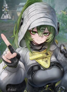 1girl :3 absurdres arknights arknights:_endfield breasts closed_mouth commentary fingerless_gloves fluorite_(arknights) game_screenshot_background gloves green_eyes green_hair hair_between_eyes hair_through_hood hand_up highres hood hood_up hooded_shrug index_finger_raised long_hair looking_at_viewer medium_breasts mildt ponytail screenshot_background shrug_(clothing) smile solo upper_body white_shrug