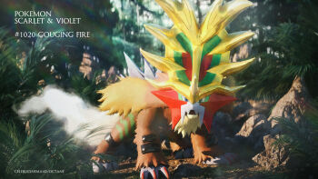 3d animal_focus artist_name blurry blurry_background character_name cinema_4d_(medium) commentary_request copyright_name dirt fern full_body gouging_fire highres leaf nintendo open_mouth outdoors pokedex_number pokemon pokemon_(creature) pokemon_focus rock serebii_(artist) solo tree