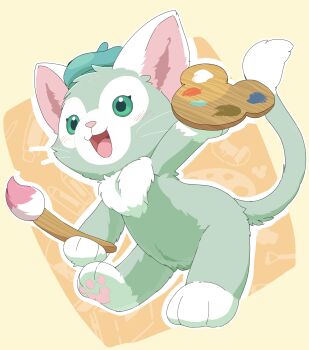 1boy absurdres animal_ears cat_boy cat_ears cat_tail commentary_request duffy_and_friends full_body furry furry_male gelatoni green_fur highres paintbrush smile solo standing tail thematy