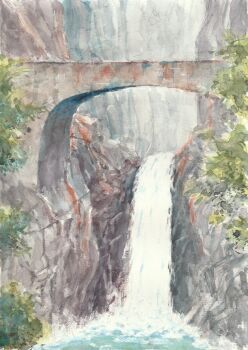bridge commentary_request day highres landscape no_humans original outdoors painting_(medium) paruperu river scenery traditional_media water watercolor_(medium) waterfall
