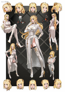 1girl absurdres aqua_eyes blonde_hair border commander_(nier:automata) commentary crossed_legs dress elolaillustrator english_commentary gloves hand_on_own_hip highres multiple_views nier:automata nier_(series) outside_border pod_(nier:automata) robot white_border white_dress white_gloves