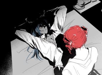 Rule 34 | 2girls, another cup (synthesizer v), arms up, bdsm, bondage, bound, bound wrists, breasts, buttons, cleavage, clenched teeth, colbab187, collared shirt, colored skin, commentary request, corded phone, cuffs, dress shirt, grey skin, handcuffs, hatsune miku, kasane teto, kneeling, korean commentary, looking at another, multiple girls, on bed, pants, partially unbuttoned, phone, sanpaku, shirt, spot color, teeth, yuri