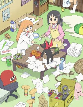 Rule 34 | 1other, 2girls, absurdres, anime coloring, apron, bandana, black cat, blonde hair, blue eyes, bowl, box, bread bun, cardboard box, cat, chair, crayon, cup, daruma doll, drawing (object), drink carton, folded clothes, food, glue, grey eyes, grey hair, hand to own mouth, highres, hosokawa naoki, indoors, kokeshi, lab coat, long sleeves, messy room, milk carton, mogura (nichijou), mug, multiple girls, nichijou, nishiya futoshi, no nose, office chair, official art, on cushion, open mouth, out of frame, papers, pet bowl, pink sweater, pointing, pointing at another, professor shinonome, puff of air, red bandana, rope, sakamoto (nichijou), shimoura ayumi, shinonome nano, short hair, sitting, socks, stuffed toy, sweatdrop, sweater, swivel chair, table, third-party source, tissue box, uno shizuka, v-shaped eyebrows, white socks, winding key, wooden table, yellow apron, yoneda yuka, yunomi