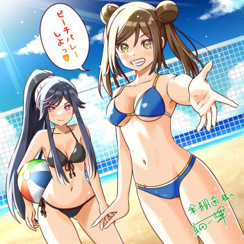 2girls ball beach beach_volleyball bikini black_bikini black_hair blue_bikini blue_sky breasts brown_hair cinderella_series cleavage clenched_teeth closed_mouth cloud cloudy_sky commentary_request commission double_bun dutch_angle hachigatsu_no_cinderella_nine hair_bun heart high_ponytail holding holding_ball inui_kei_(hachigatsu_no_cinderella_nine) kishi_fuuka looking_at_viewer multiple_girls navel ponytail reaching reaching_towards_viewer sanada_ikki sidelocks signature skeb_commission sky speech_bubble swimsuit teeth translation_request twintails volleyball_(object) volleyball_net