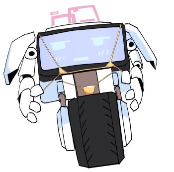 bikini blue_archive blush fatcat_booster gold_bikini halo highres jitome kei_(amas)_(blue_archive) kei_(robot)_(blue_archive) no_humans pink_halo robot screen swimsuit wheel white_background