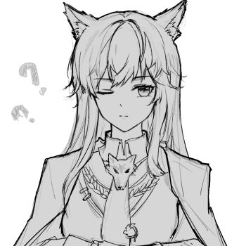 1girl ? ?? aiguillette animal_ear_fluff animal_ears arknights brooch cape chinese_commentary closed_mouth collared_shirt commentary_request crossed_arms expressionless eyelashes greyscale hair_between_eyes jewelry long_sleeves looking_to_the_side loose_hair_strand meng_qiao monochrome necktie one_eye_closed shirt simple_background solo texas_(arknights) upper_body vest white_background wolf wolf_ears wolf_girl