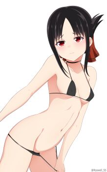 1girl absurdres artist_name bikini bikini_bottom_pull black_choker black_hair blush breasts choker collarbone covered_erect_nipples cowboy_shot from_side grey_background hair_ornament highres kaguya-sama_wa_kokurasetai_~tensai-tachi_no_renai_zunousen~ medium_breasts micro_bikini navel parted_bangs roswell_ss shinomiya_kaguya simple_background solo swimsuit