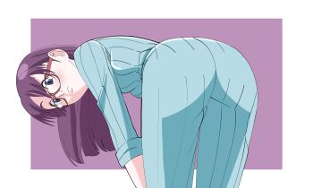 1girl absurdres ass bent_over chadgarciaburg flcl glasses highres long_hair looking_at_viewer ninamori_eri pajamas purple_eyes purple_hair simple_background solo upper_body
