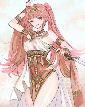1girl ;d alternate_costume ancient_greek_clothes arm_guards arm_up armlet breasts choker choker_jewel cleavage corset dancer dancer_(fire_emblem:_three_houses) dress earrings fire_emblem fire_emblem:_three_houses greco-roman_clothes headpiece helen_(helen2210hk) highres hilda_valentine_goneril holding holding_sword holding_weapon jewelry long_hair looking_at_viewer medium_breasts nintendo one_eye_closed open_mouth pink_eyes pink_hair simple_background single-shoulder_dress single_bare_shoulder single_strap smile solo sword thighs twintails weapon white_dress