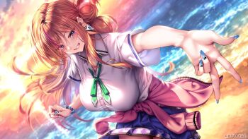 Rule 34 | 1girl, amakano 3, beach, blue skirt, blush, bracelet, breasts, cardigan, cardigan around waist, clothes around waist, cloud, collared shirt, commentary request, earrings, green ribbon, grin, gyaru, hair bun, horizon, jewelry, large breasts, lens flare, long hair, looking at viewer, loose neck ribbon, multicolored hair, nail polish, neck ribbon, ocean, official art, orange hair, outdoors, pink cardigan, piromizu, pleated skirt, red streaks, ribbon, sand, school uniform, shirt, single side bun, skirt, sky, smile, socks, solo, streaked hair, sun, sunset, teeth, water, white shirt, yanagi kanon