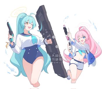 2girls alternate_costume alternate_hairstyle aqua_hair beretta_1301 blue_archive blue_eyes gun halo handgun highres hoshino_(blue_archive) kashima_momoki multiple_girls one_eye_closed pink_hair pink_halo shield shotgun water_gun weapon yellow_eyes yellow_halo yume_(blue_archive)