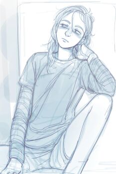 1girl bare_legs closed_mouth feason feet_out_of_frame graphite_(medium) greyscale hand_on_own_face highres medium_hair monochrome original shirt shorts sitting sketch striped_clothes striped_shirt t-shirt thighs traditional_media