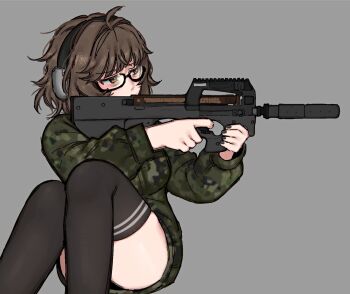aiming aki_(snale) breasts bullpup curvy gun highres holding holding_gun holding_weapon medium_breasts neet p90 snale submachine_gun tactical_clothes thick_thighs thighs weapon