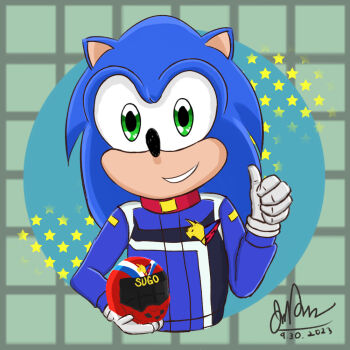 blue_fur blue_hair botbot1998 future_gpx_cyber_formula future_gpx_cyber_formula_sin future_gpx_cyber_formula_zero gloves green_eyes helmet kanemaru_jun-ichi kazami_hayato kazami_hayato_(cosplay) one_eye_closed pilot pilot_helmet sega smile sonic_(series) sonic_the_hedgehog spiked_hair thumbs_up wink